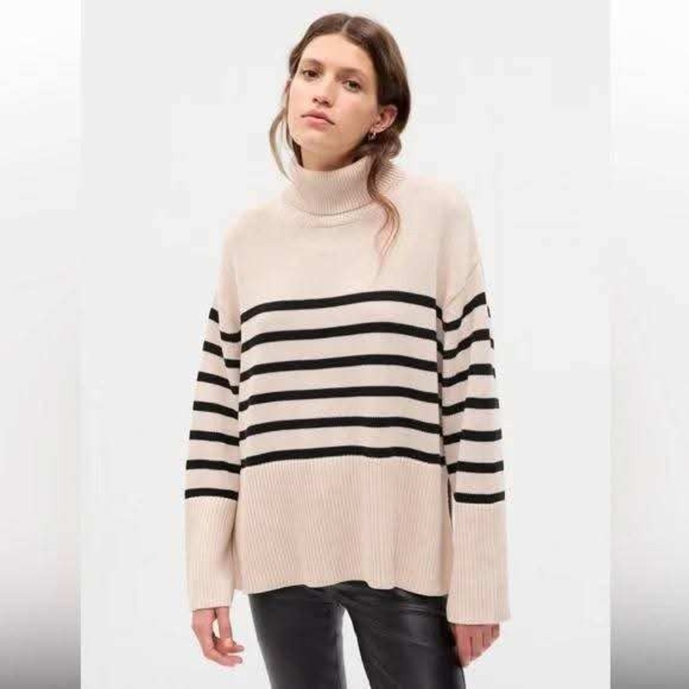 Gap Turtleneck Sweater Womens Small Beige Striped Cotton Oversized Pullover